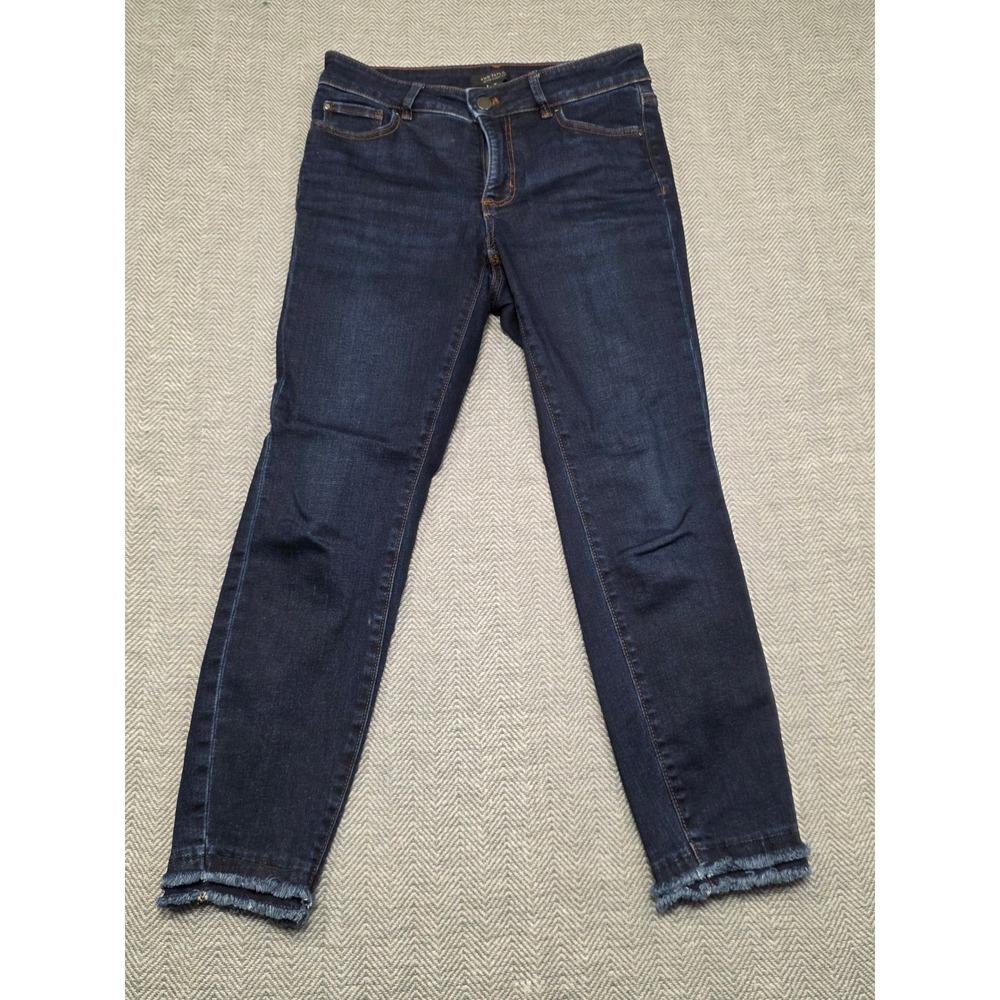 Ann Taylor‎ Petite Curvy Fit Skinny Jeans Dark Wash Raw Fringe Hem 2P Indigo